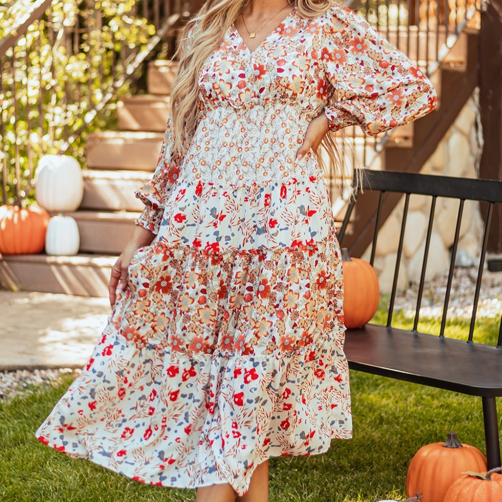 B147 Khaki Floral Print Ruffled Tiered Long Sleeve V Neck MIDI Dress
